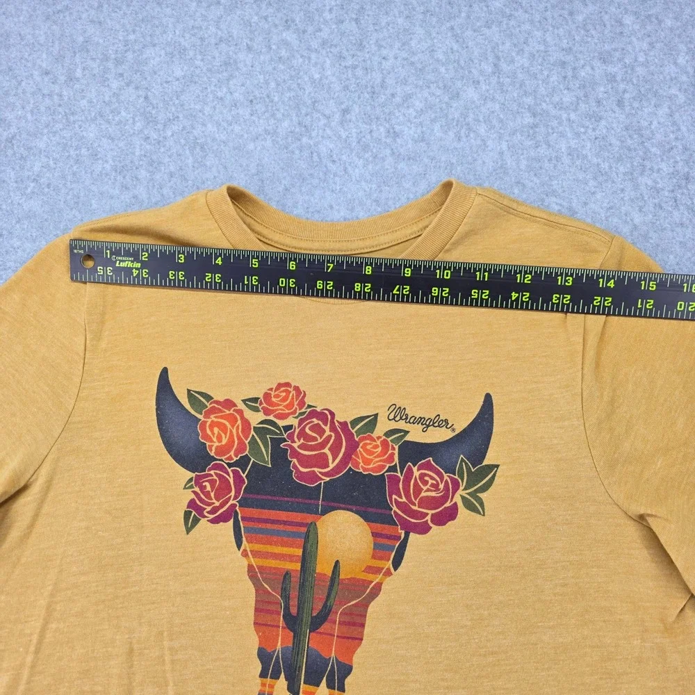 Wrangler Women's Size Small Mustard‎ Yellow Skull Cactus Rose Graphic T Shirt - Picture 8 of 10